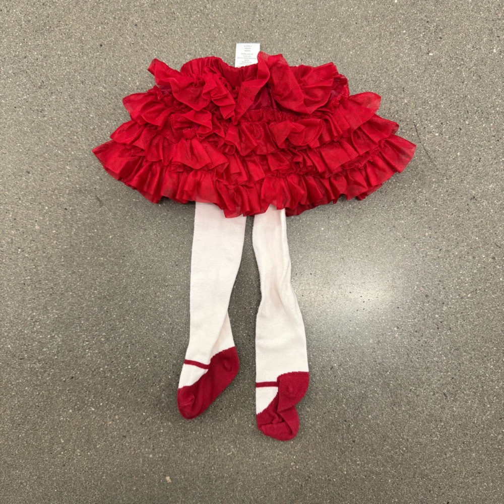 Gymboree Ballerina Red Ruffled Skirt with White Tights Size 0-3 months